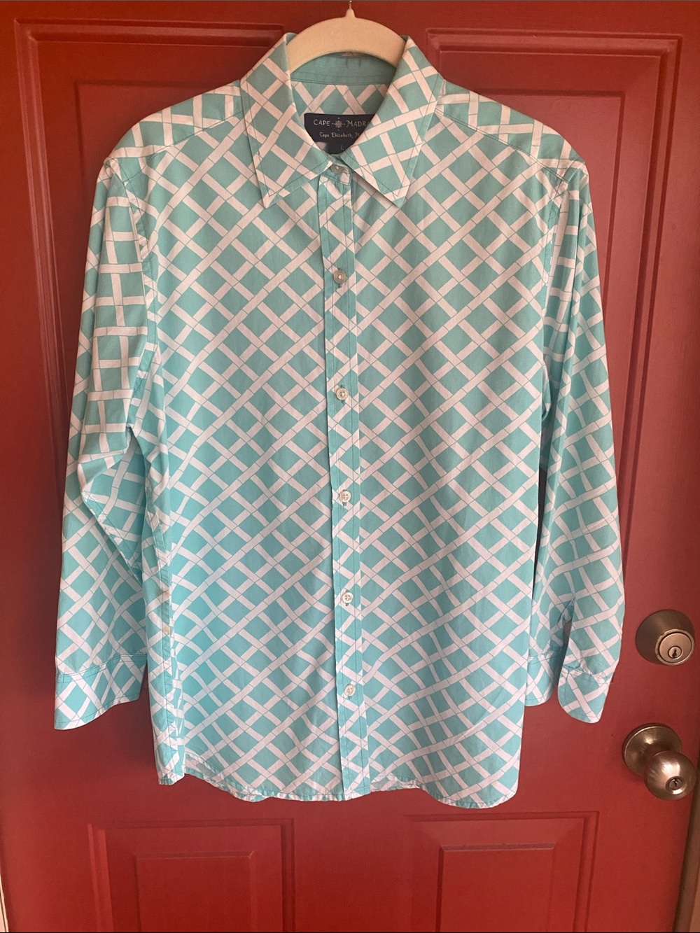 Cape Madras Cotton Aqua and White Lattice Button-Up Shirt
